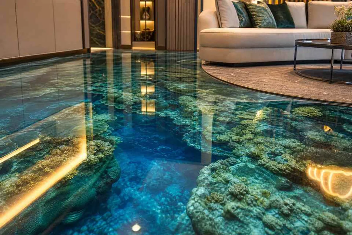 Piso de resina epóxi 3D com acabamento brilhante em ambiente residencial