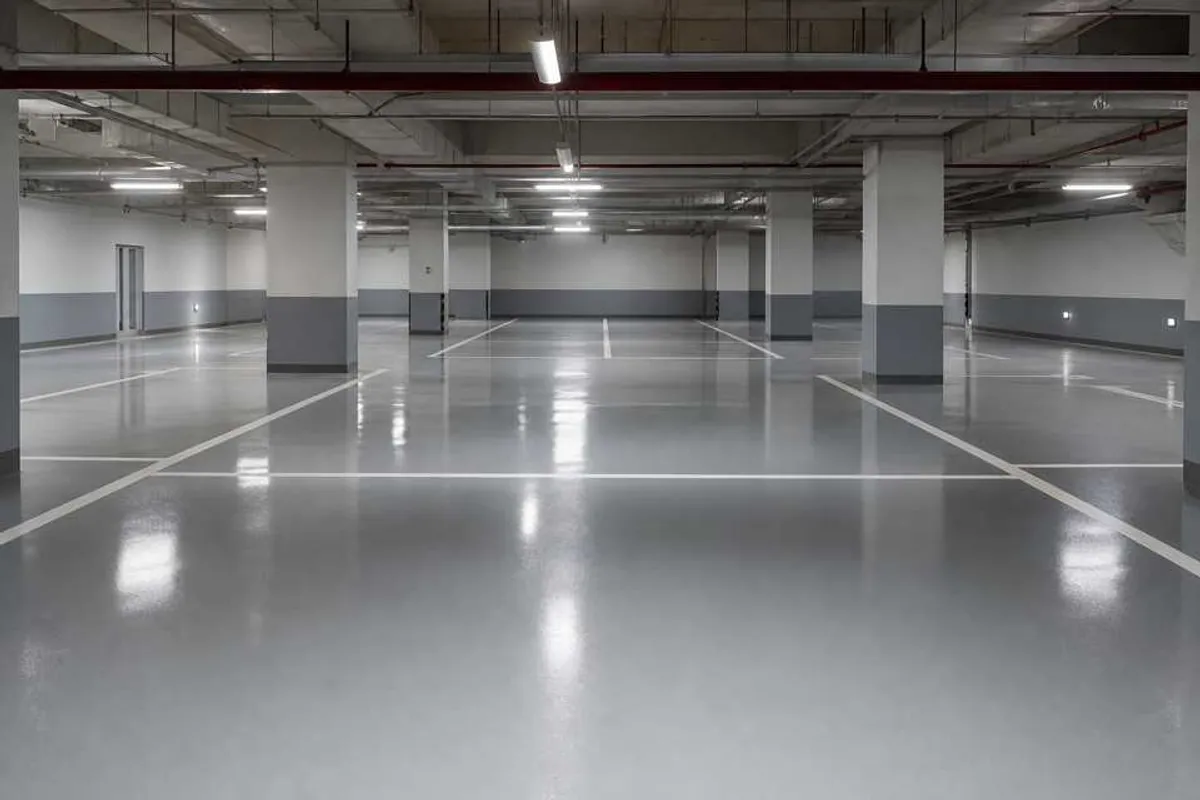 Piso de epóxi cinza brilhante aplicado em estacionamento coberto com demarcação de vagas