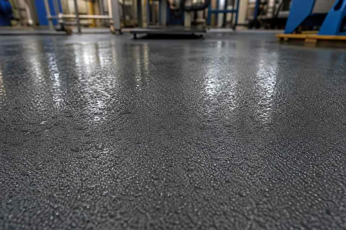 Piso de epóxi antiderrapante grafite com textura granulada fosca em área industrial