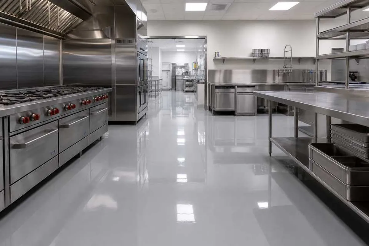 Piso epóxi brilhante e sem juntas em cozinha industrial, refletindo equipamentos de aço inox