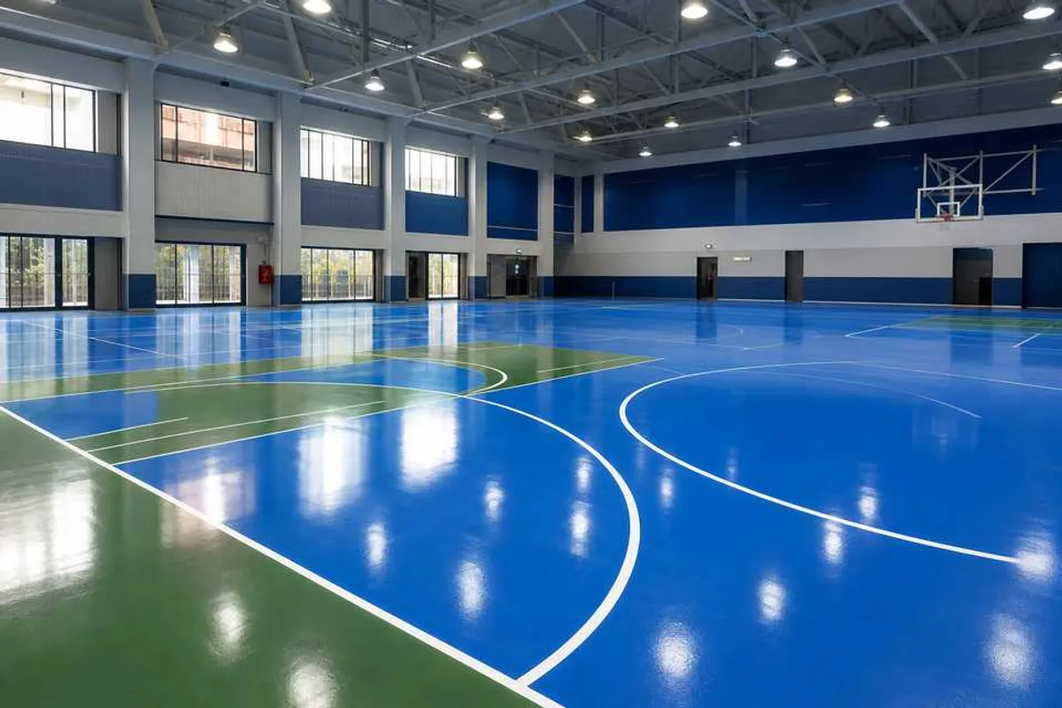 Quadra esportiva coberta com pintura epóxi azul e verde e demarcações profissionais