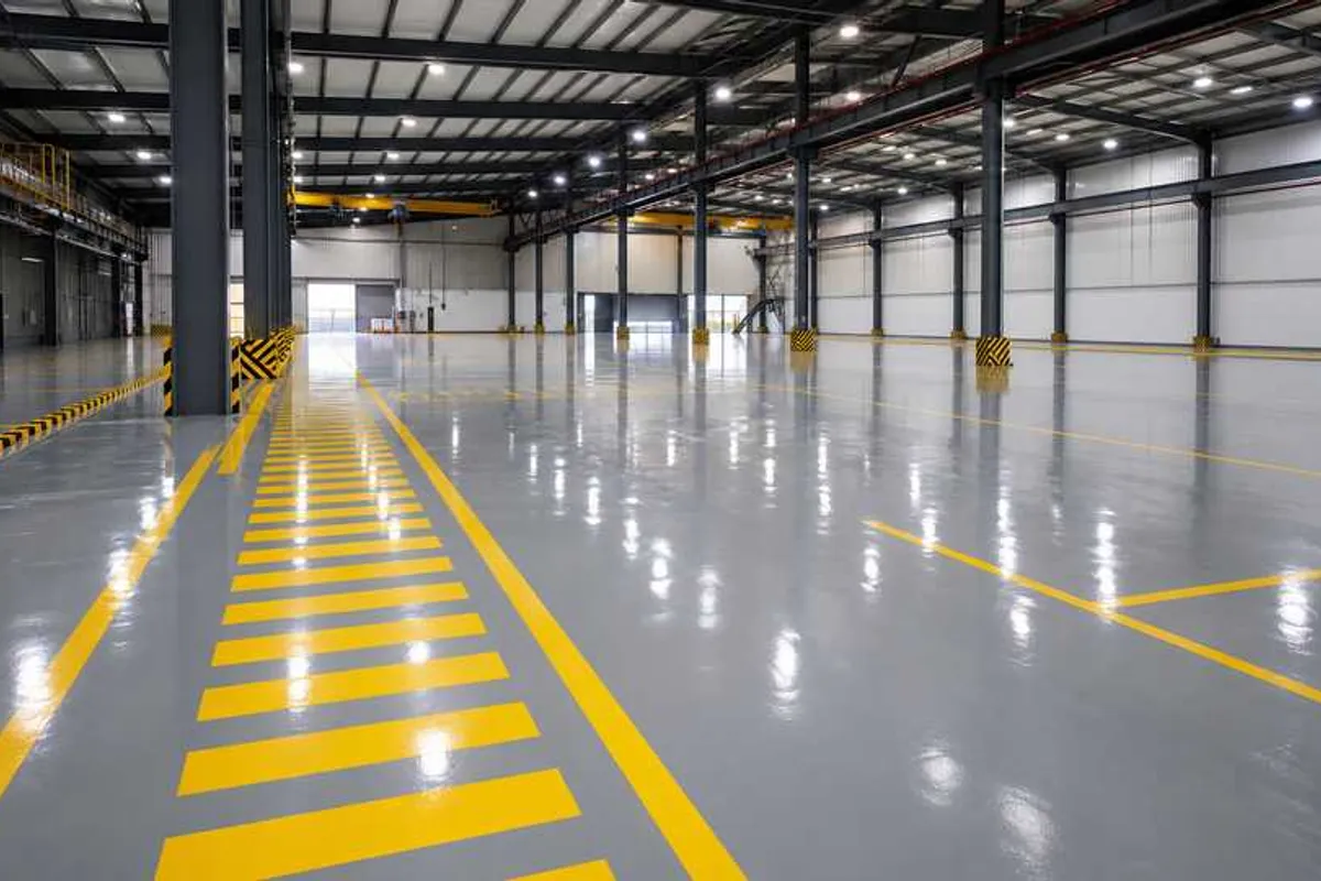 Piso industrial de resina epóxi com linhas de demarcação e sinalização de segurança pintadas em amarelo