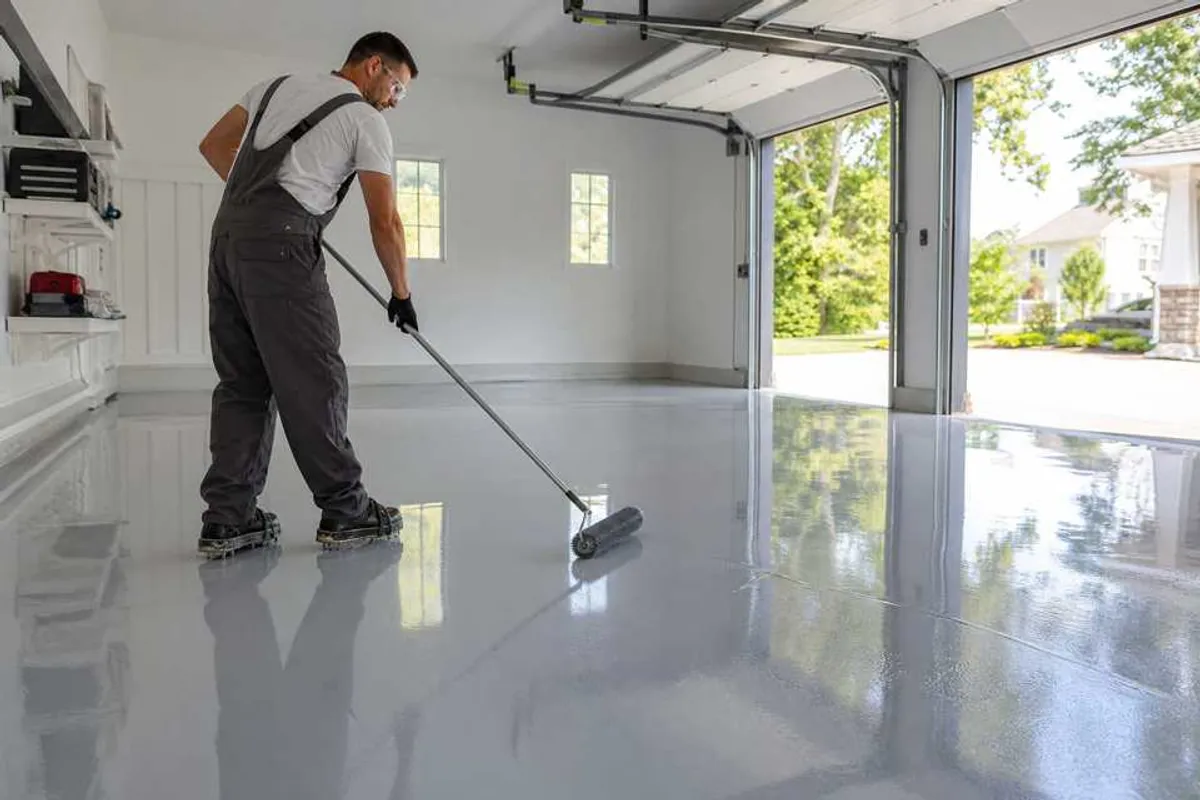 Aplicação de piso epóxi de alto brilho em garagem residencial