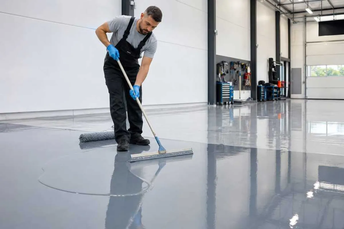 Aplicação profissional de piso epóxi com acabamento brilhante e reflexivo