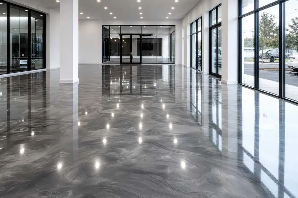 Piso epóxi de alto brilho acabado em ambiente comercial moderno