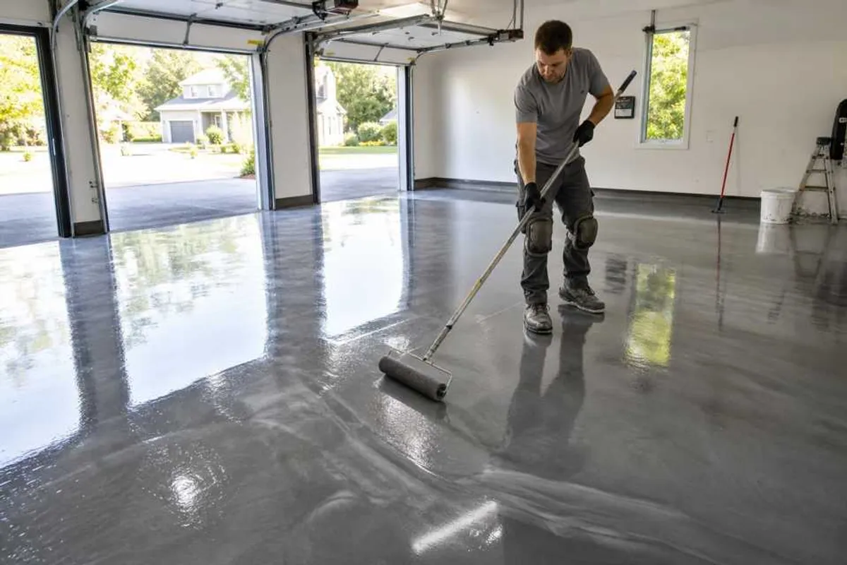 Aplicação profissional de piso epóxi de alto brilho em garagem residencial no Ganchinho, Curitiba