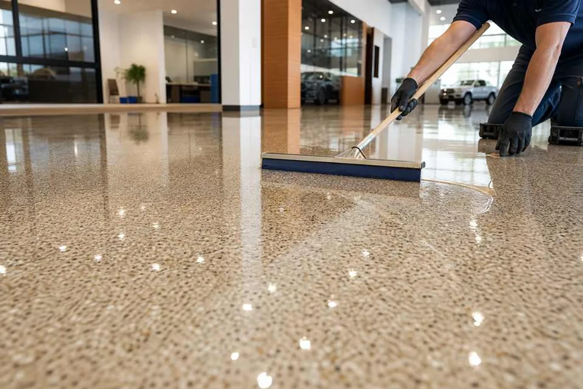 Acabamento de piso epóxi de alto brilho em ambiente comercial em São José dos Pinhais